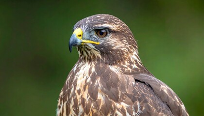 Close-up of a bird of prey, displaying brown, cream, and tan feathers, with a sharp beak