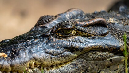 Fototapeta premium Close-up of a large crocodile's head shows intricate detail of its scales, teeth, and watchful, focused golden eye