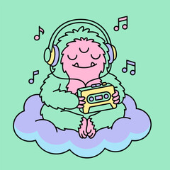 Cute Monster Chilling with Retro Music on a Cloud