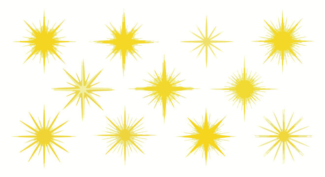 Collection of bright yellow starbursts and sparkles on a white background.