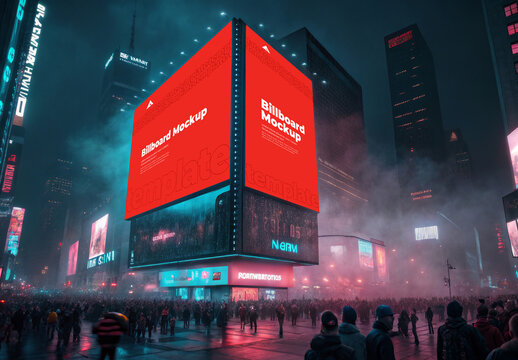 Futuristic Digital Billboard Mockup at Night with Glowing City Atmosphere