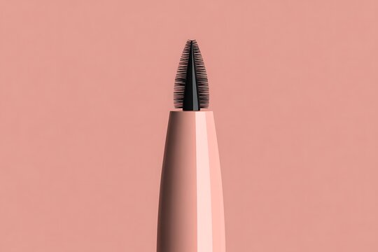 Close up macro shot of a fine tipped eyebrow brush with a soft spoolie applicator against a pastel pink background