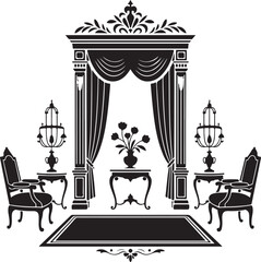 Elegant Black Silhouette of a Classic Living Room with Furniture and Curtains