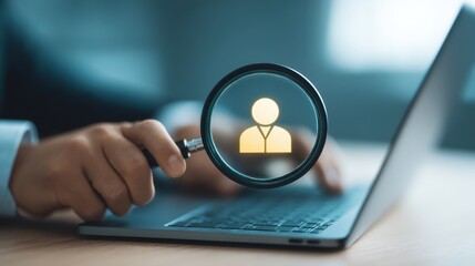 Businessman Searching for Information with Magnifying Glass on Laptop in Modern Office Environment