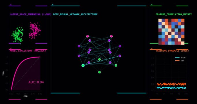 Abstract AI Data Science Suite Visualization Showing Deep Learning Pipeline, Neural Network Architecture, Latent Space Embedding, Feature Correlation Analysis and Model Training Evaluation Dashboard