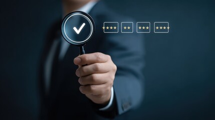 Businessman Examines Quality with Magnifying Glass in Professional Setting for Reviews and Assessments