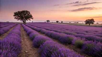 Naklejka premium Vast lavender field at sunset with trees and rolling hills, a serene rural landscape