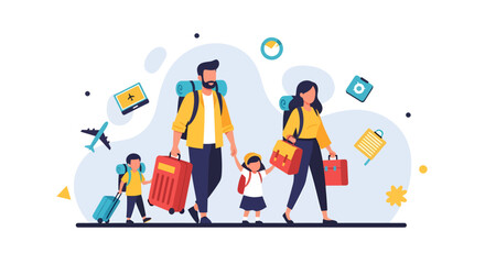 Fototapeta premium Family with luggage walking together, surrounded by travel icons and symbols, in a vibrant illustration style