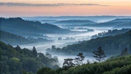 Obraz premium Misty valley with rolling hills and lush green forest at sunrise
