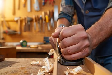 Close up of carpenter hands working with wood tools in workshop. Manual woodworking process, craftsmanship, traditional skill and professional handwork concept.