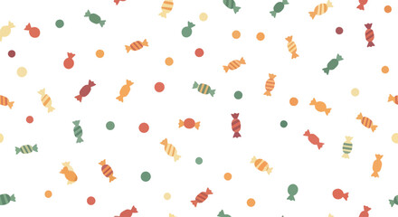Colorful candies and dots scattered on a white background, flat design vector illustration