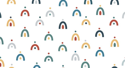 Abstract rainbow shapes with dots, minimal mid-century modern style, repeating pattern on white