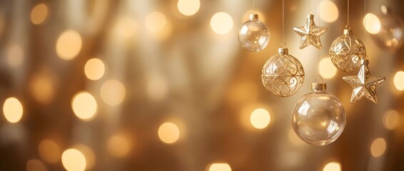Hovering golden ornaments celebrate festive joy in a soft bokeh backdrop, captured from a close-up viewpoint with sparkling detail