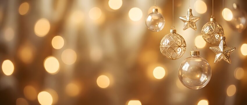 Hovering golden ornaments celebrate festive joy in a soft bokeh backdrop, captured from a close-up viewpoint with sparkling detail