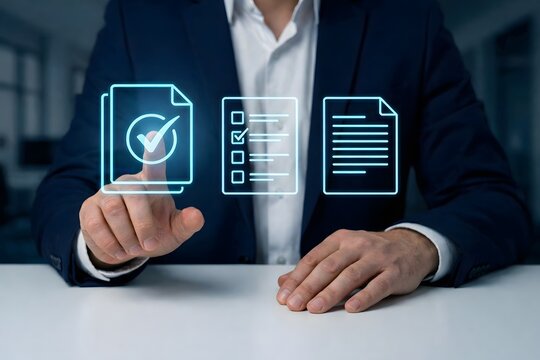 Paperless office workflow showing file validation tasks and compliance documents