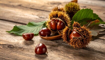 Close-up of shiny chestnuts in prickly husks with green leaves on rustic weathered wooden table surface