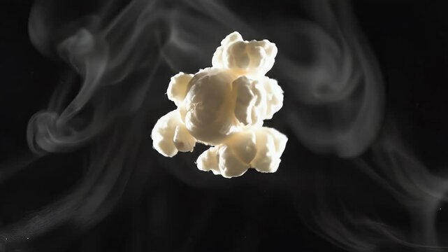 White popcorn surrounded by swirling smoke on a black background.