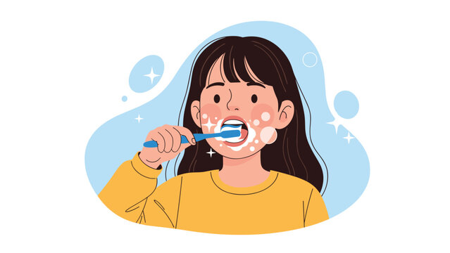 Young girl with long dark hair diligently brushing her teeth with a blue toothbrush creating white foam against a light blue background.