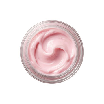 Top view pink whipped face cream swirl in clear glass jar, skincare cosmetic product texture, isolated on white background