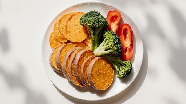 Delicious and Healthy Sweet Potato Bowl with Broccoli and Red Bell Pepper on White Plate