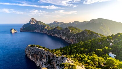 Coastal mountain range meets the blue sea, with lush green trees and cloudy sky. Serene nature scene