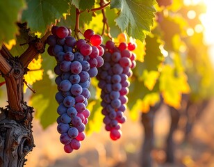 Fototapeta premium Clusters of grapes on a vine, bathed in warm sunlight, with a row of vines receding into the distance