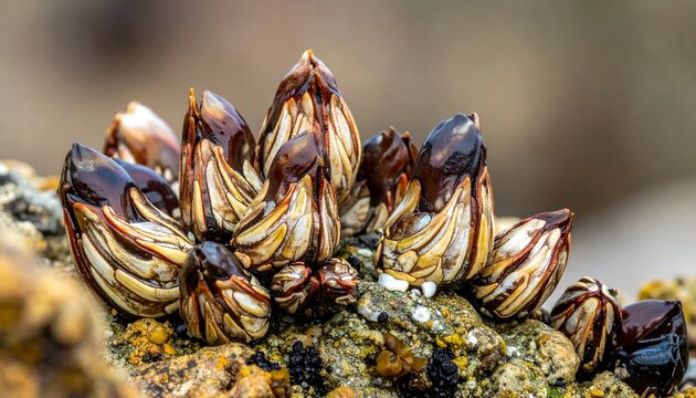 Clustered, brown and tan goose barnacles attached to a rock covered in moss and lichen