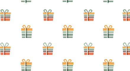 Repeating pattern of simple gift boxes with bows in muted colors on a white background.