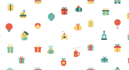 Cute flat colorful icons of gifts and festive elements on a white background, vector art.