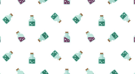 Seamless pattern of assorted potion bottles in flat design style, isolated on white.