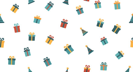 Vector pattern of colorful gift boxes and party hats scattered on a white background, flat design.