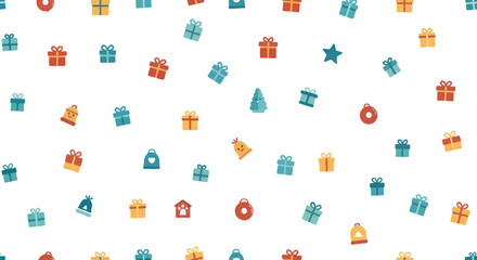 Scattered festive holiday icons: gifts, stars, bells, and trees on white background, flat design.