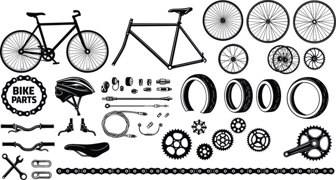 Comprehensive bicycle parts silhouette collection with frame wheels tires helmet and chain for professional cycling gear design
