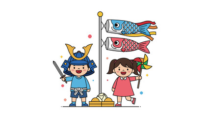 Fototapeta premium Young boy in a samurai helmet and a girl with a pinwheel standing together next to colorful carp streamers on a pole for Children's Day.