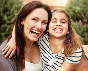 Portrait, mother and kid outdoor with hug, connection and love for bonding together on weekend break. Happy, mom and daughter with embrace, kindness and support for child development on vacation.