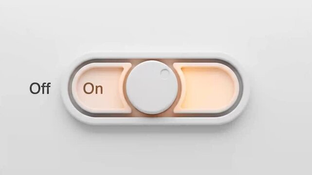Minimalist toggle switch motion graphics animation with neon glowing transitions from off to on status on clean white background