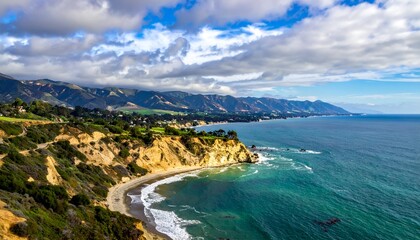 Fototapeta premium Coastal view with cliffs, lush greenery, turquoise water, and a mountainous backdrop under a partly cloudy sky
