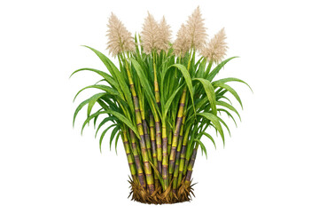 Fototapeta premium Sugarcane plant with stalks, green leaves, and white flower plumes growing, transparent background