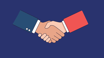 Close-up of two people in business suits shaking hands against a dark blue background to represent a successful deal, partnership, or greeting.