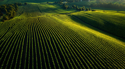 Aerial view of neatly aligned cornfield rows on fertile farmland, lush green crops, sunlight casting soft shadows, high-resolution, vibrant colors, realistic agricultural landscape