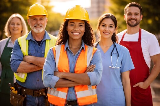 Smiling diverse group of essential workers and professionals standing outdoors in golden light