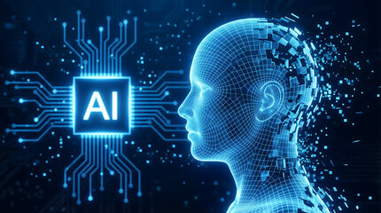 Digital wireframe human head transforming with bright artificial intelligence AI chip