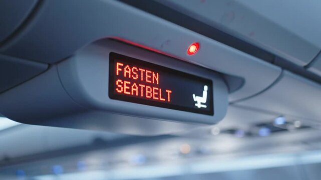 Illuminated Fasten Seatbelt Sign Inside an Airplane Cabin During Flight.