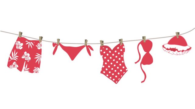 Hello Summer Animation. Red Swimsuits, Swimming Trunks Hanging on Clotheslines. Beautiful Swim Wear Dry on Clothespins After Swimming. Summer Video in Red Colors