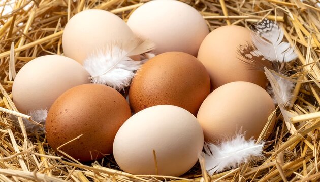 Collection of brown and white eggs nestled in straw with feathers. Natural, rustic, and cozy. Close-up, farm aesthetic