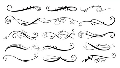 Obraz premium Collection of elegant, black filigree swashes and flourishes, each with varying curves and embellishments on a white backdrop