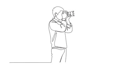 Obraz premium Minimalist continuous line drawing of a photographer capturing moments with a professional digital camera, an artistic representation of hobby and craft