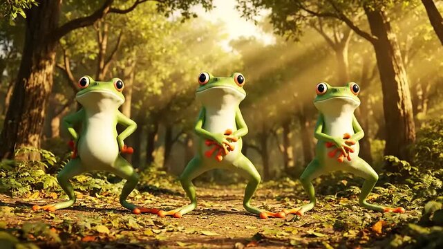 Three anthropomorphic frogs dancing in a sun-dappled forest clearing, with rays of light filtering through the trees