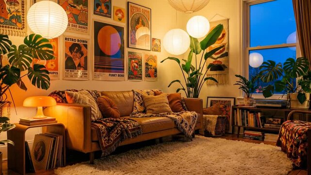 The living room is filled with soft light from lamps and pendant lights. Green plants surround the space. Colorful art decorates the walls. It is evening
