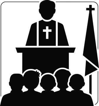 Clergy speaking to congregation from a pulpit with a church flag